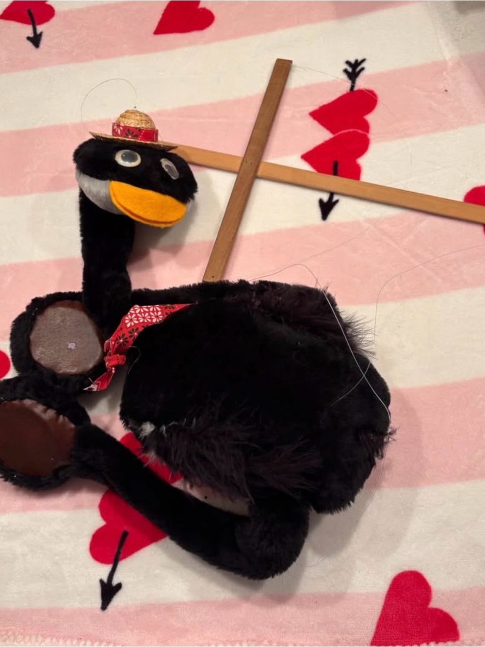 Black Plush Ostrich Bird Toy with Red Bandana and Straw Hat